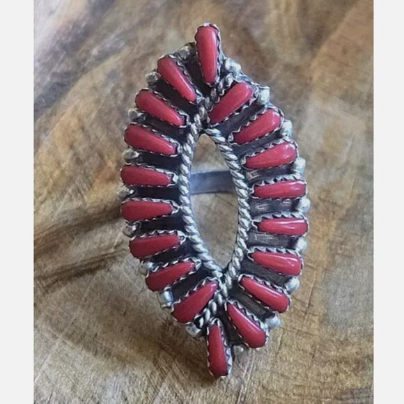 Navajo red coral cluster ring size 10 sterling silver - Picture 3 of 8